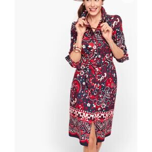 Talbots Picnic Paisley Poplin Shirt Dress Size 14 Red Blue Americana Cotton Belt